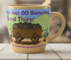 You can get customized coffee cups with your logo and themes of imorovement from Simmulations, LLC