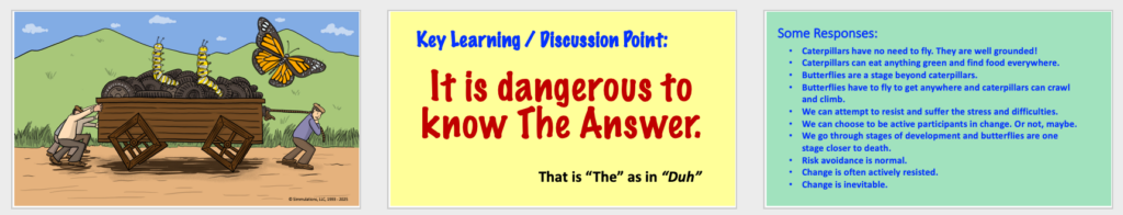 Three slides anchored to the caterpillars butterfly joke and the many different possible responses.