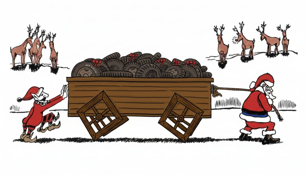 Santa and the Elves pulling and pushing their Square Wheels wagon