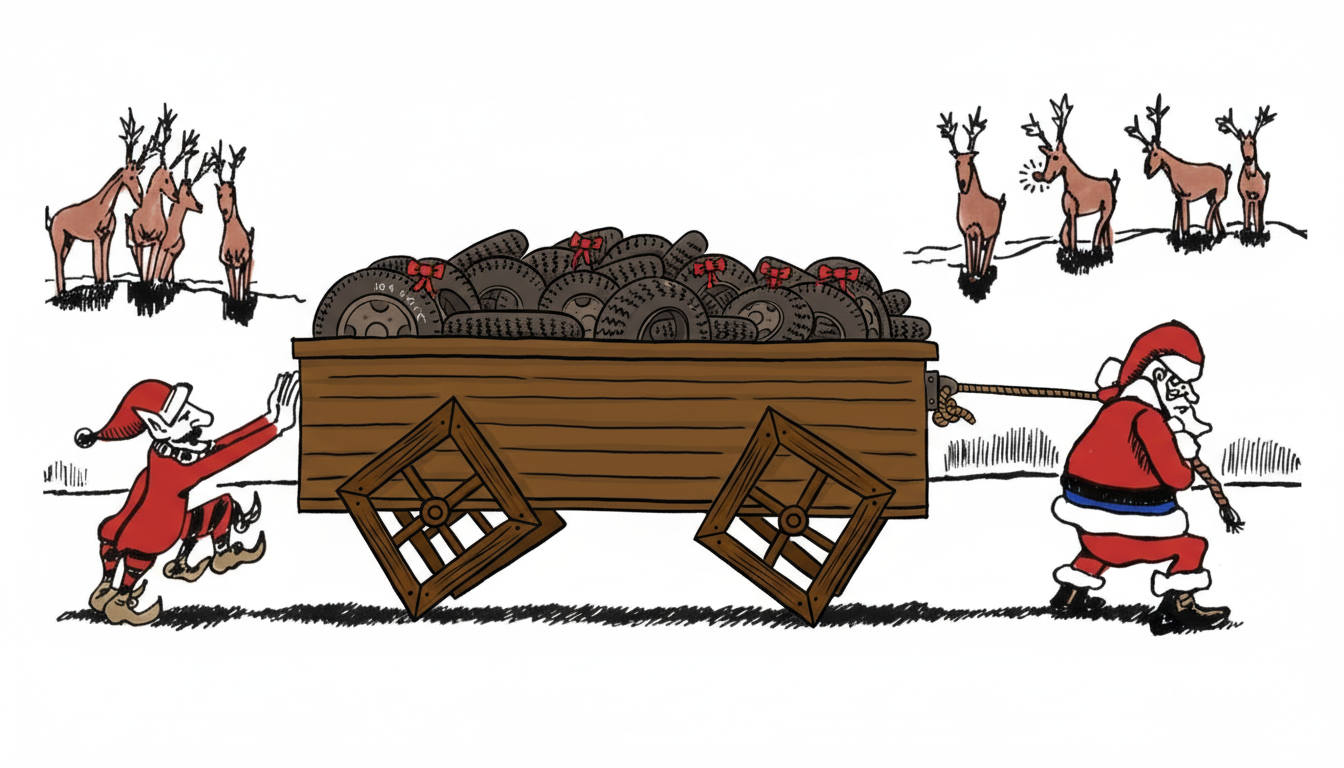 Santa and the Elves pulling and pushing their Square Wheels wagon