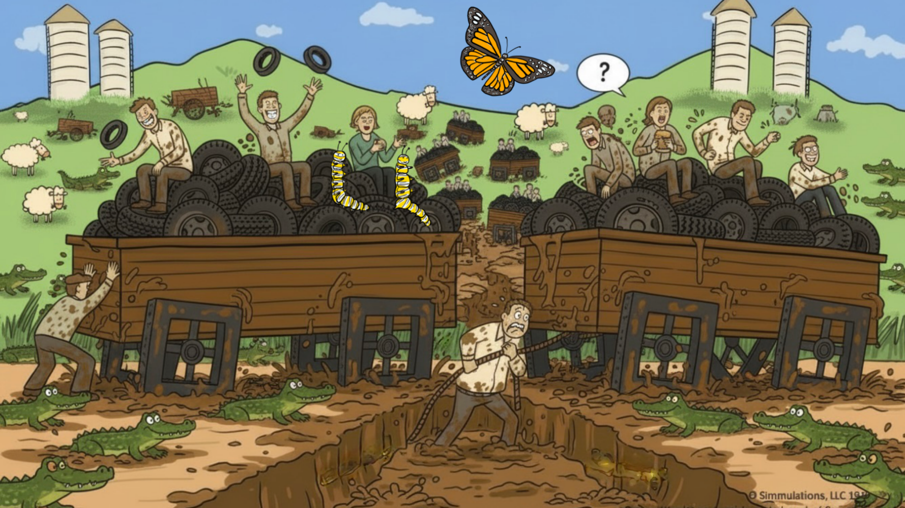 Supervisor Hellscape Mud Spectator Sheep Silos Caterpillar Butterfly Supervisor Hellscape with mud, spectator sheep, silos, alligators and caterpillars and a butterfly