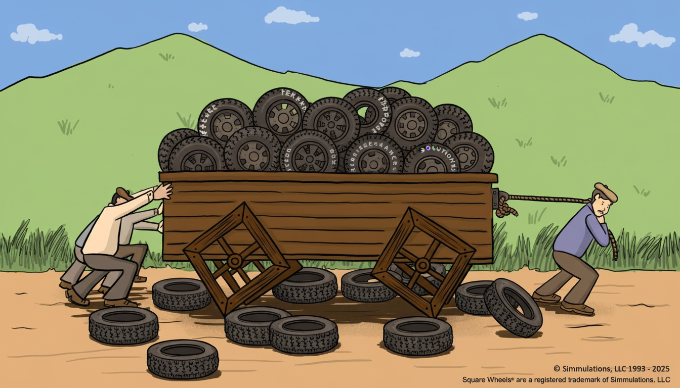 The Square Wheels One wagon with extra round wheels on the ground