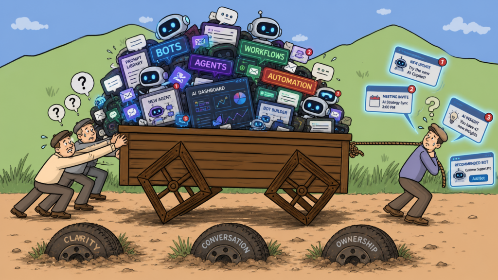 A Square Wheels image of AI Agent Sprawl where everything becomes ever more complicated