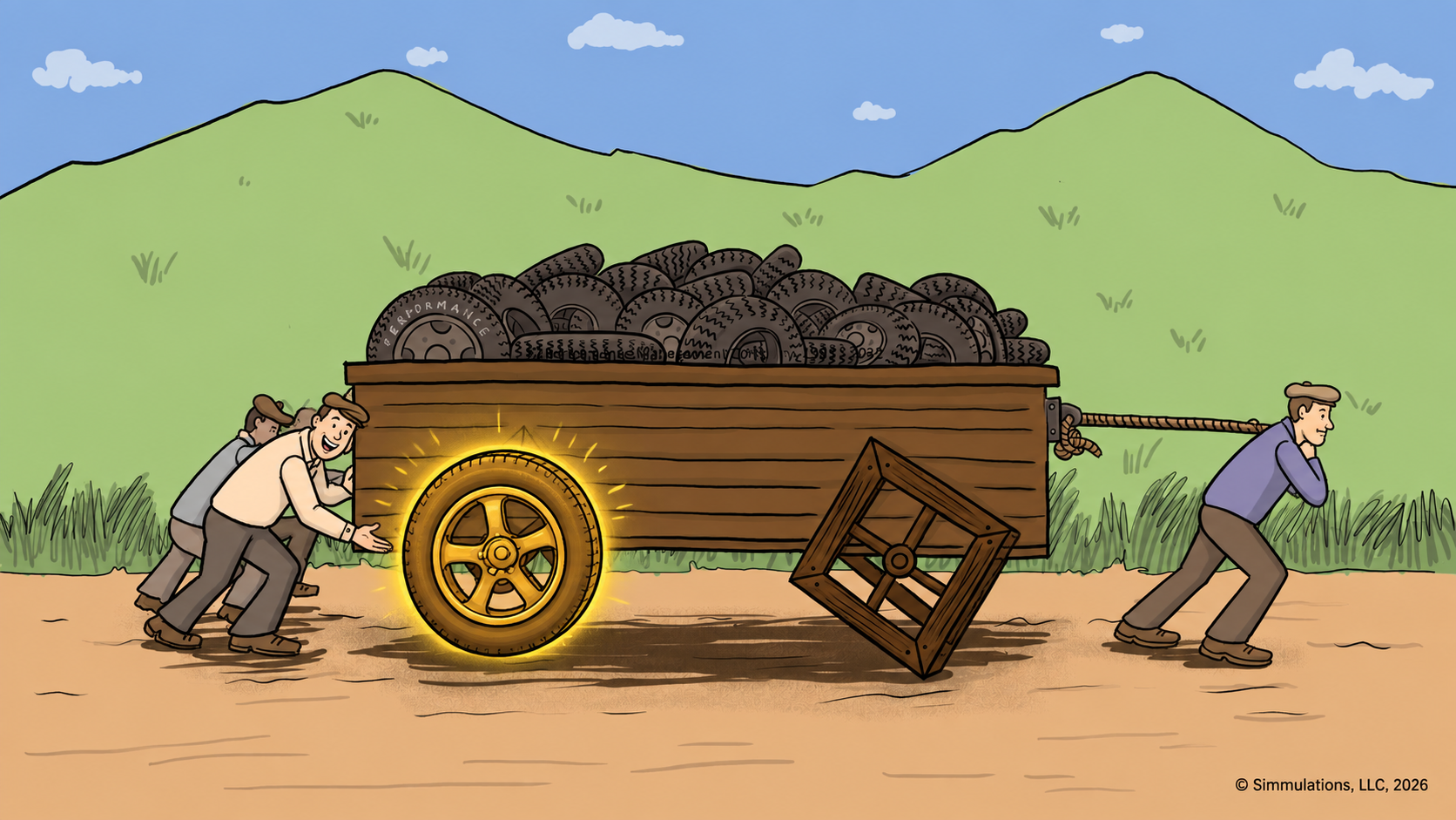 Square Wheels One with the golden round rubber tire implemented at the back