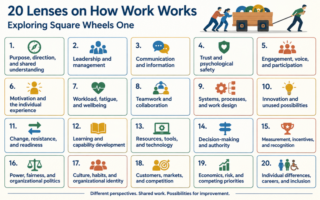 20 lenses or themes about Square Wheels One and organizational improvement issues