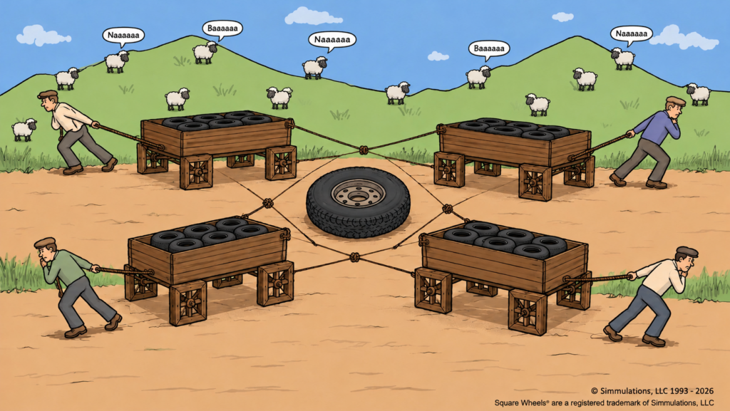 Interdepartmental NON-collaboration, with four wagons pulled differently with Spectator Sheep