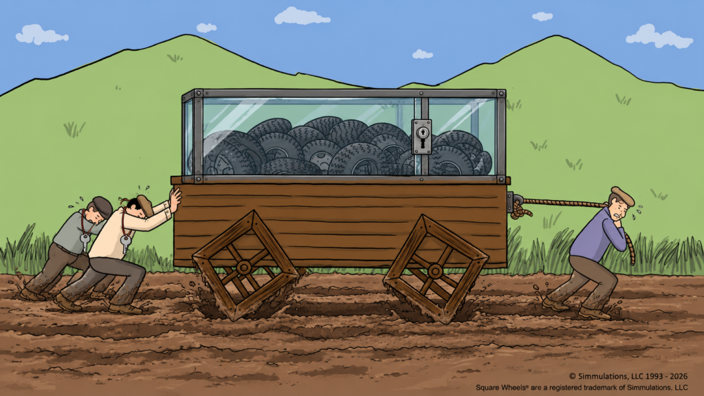 Square Wheels One in the mud with a locked cargo of round rubber tires