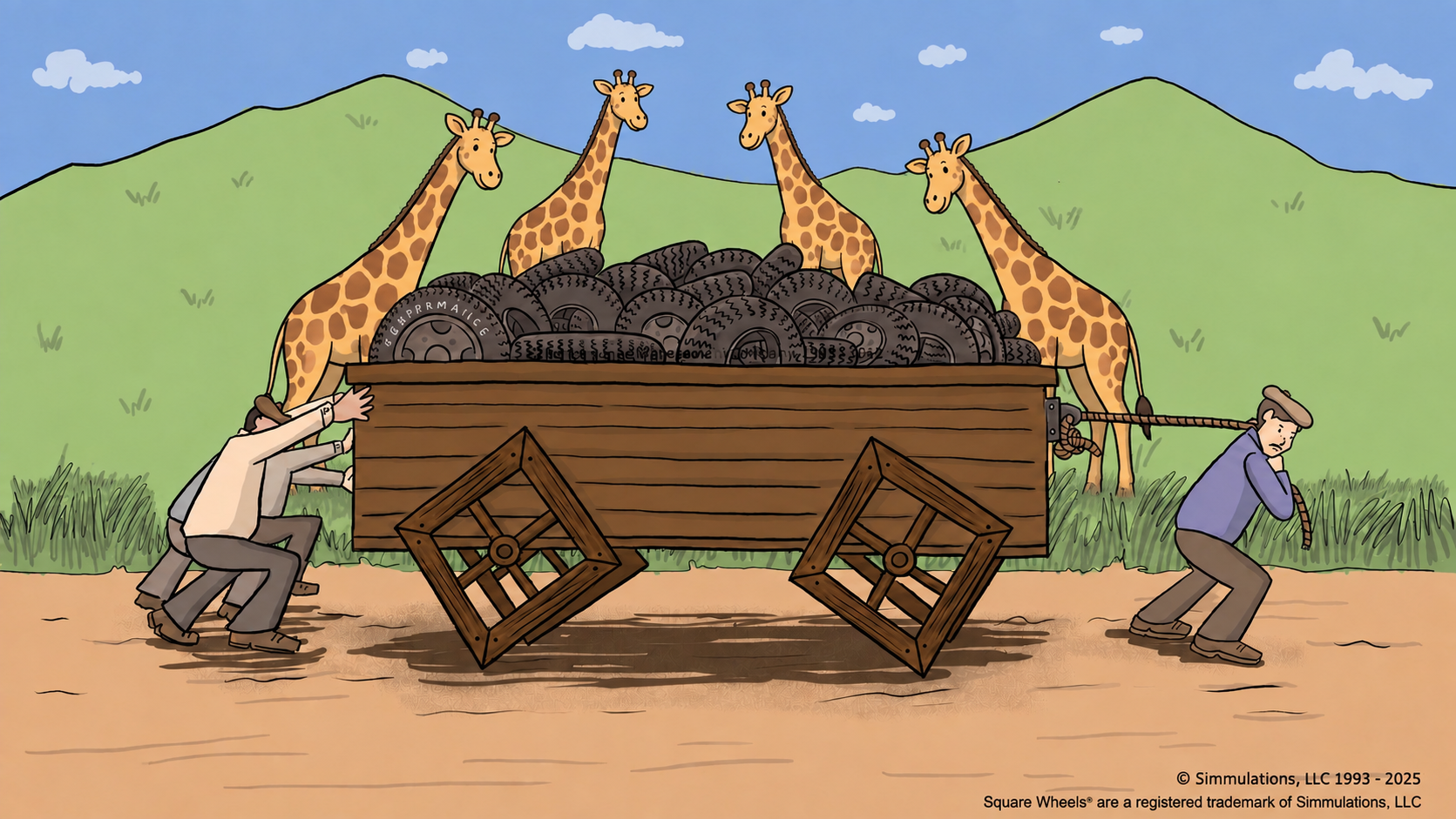SWs One with Close Giraffes The giraffes looking at opportunities for improvement that are already in the Square Wheel wagon.