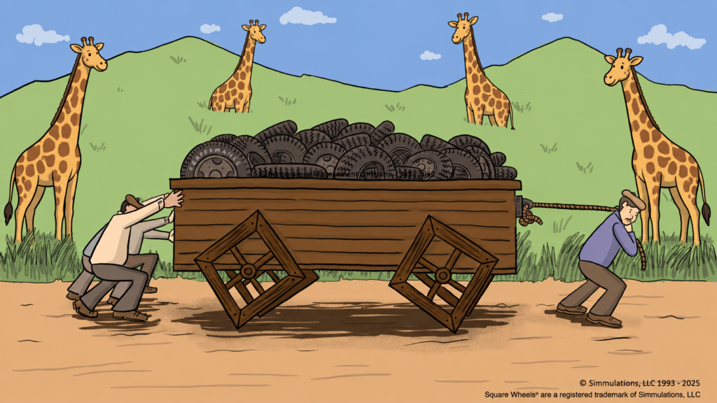 Giraffes always see things differently so here they are with a Square Wheels wagon
